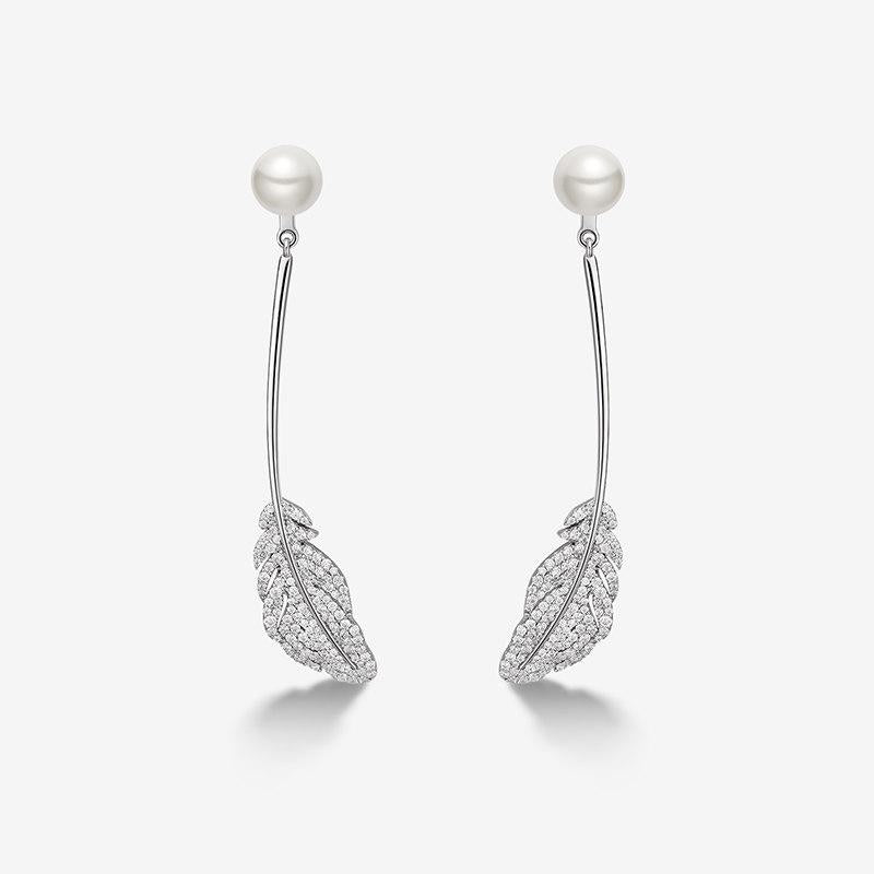 2-in-1 Detachable Feather Drop Earrings White Shell Pearl Elegant French Style Zircon Dangle Earrings Luxury Jewelry Gift Women