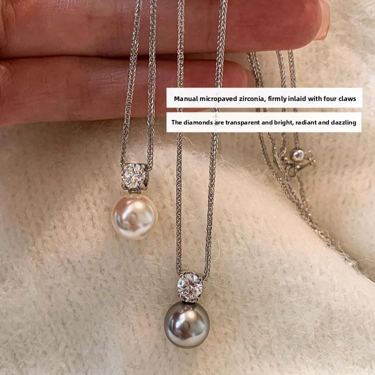 S925 sterling silver, single pearl pendant necklace, collarbone chain neck chain, white, gray pearl baby beads, can be stacked.