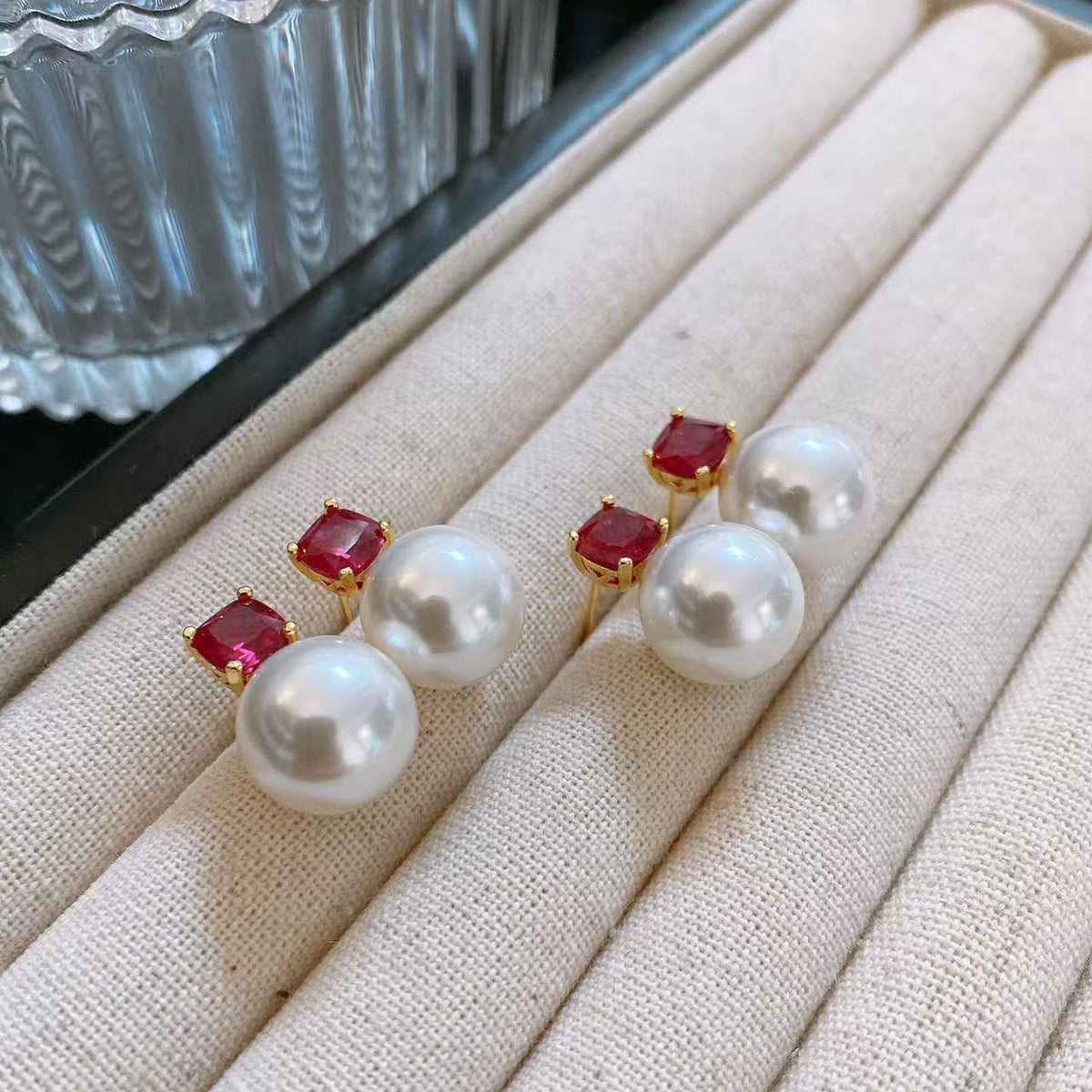 Gift for Her Red Stone 14mm White Pearl Stud Earrings Women Fashion Jewelry