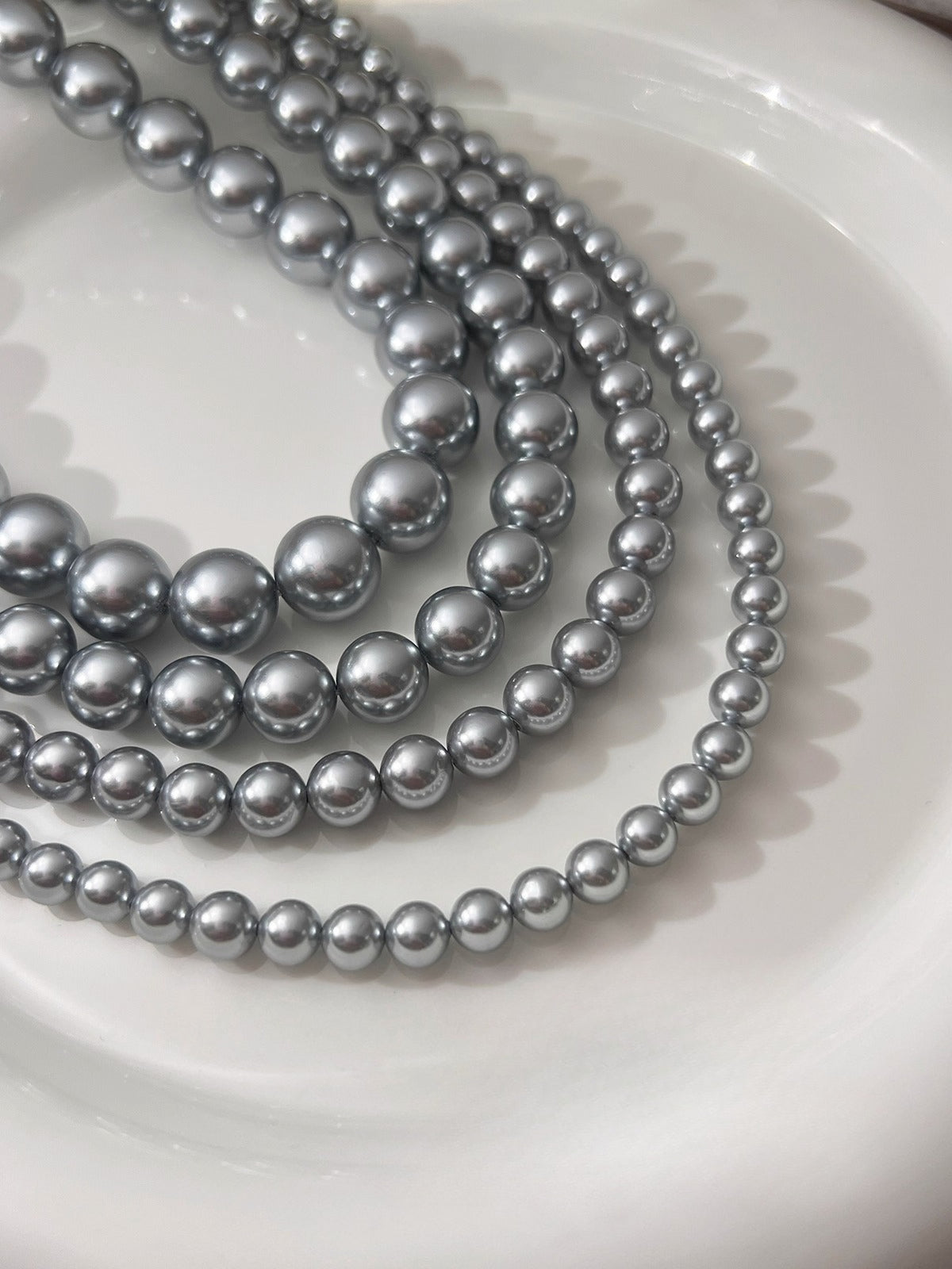 gray pearl necklace 925 silver neck chain autumn and winter sweater chain women's silver gray8mm- 12mm