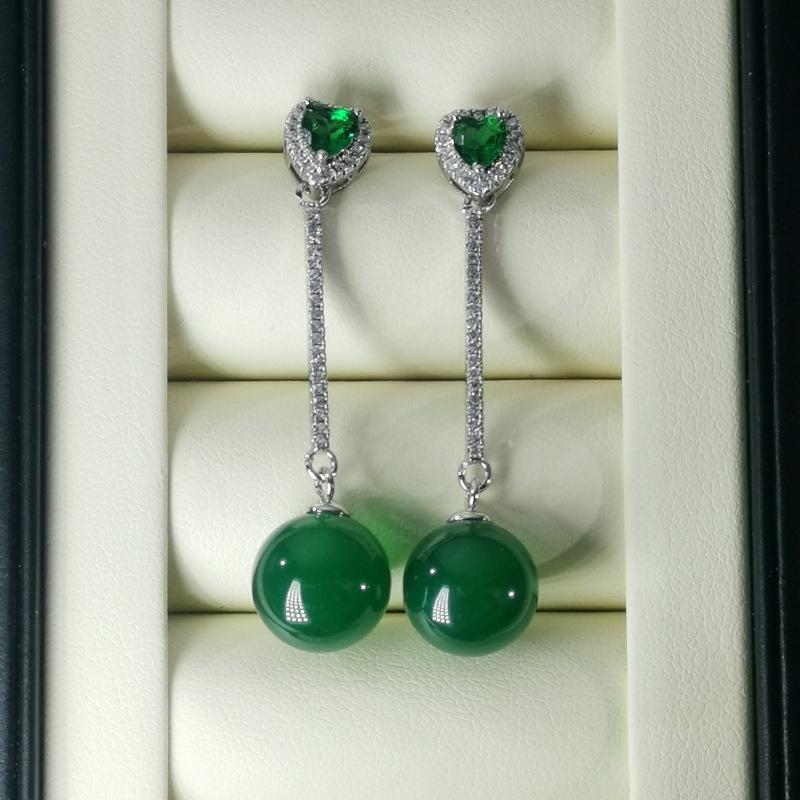 Green Chalcedony Jewelry Set – Pendant Necklace & Drop Earrings with Zircon, Elegant Party Statement Set for Women