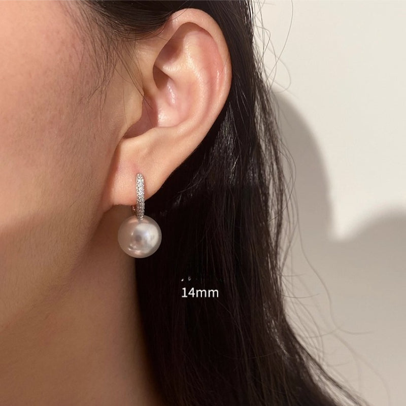 Elegant French Style Pearl Drop Earrings - S925 Sterling Silver | Classic & Versatile Dangle Hoops with Cubic Zirconia