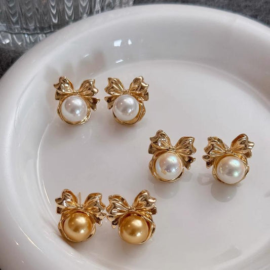 10mm Bow Tie Pearl Earrings Women White Pink Gold