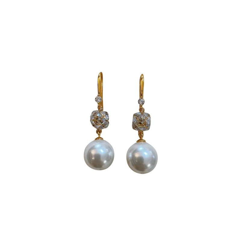 14mm White Pearl Tassel Earrings Women Birthday Gift Starry French Bubble Sugar Rhinestone Stud Earrings Vacation Style Elegant Fashion Jewelry Accessories