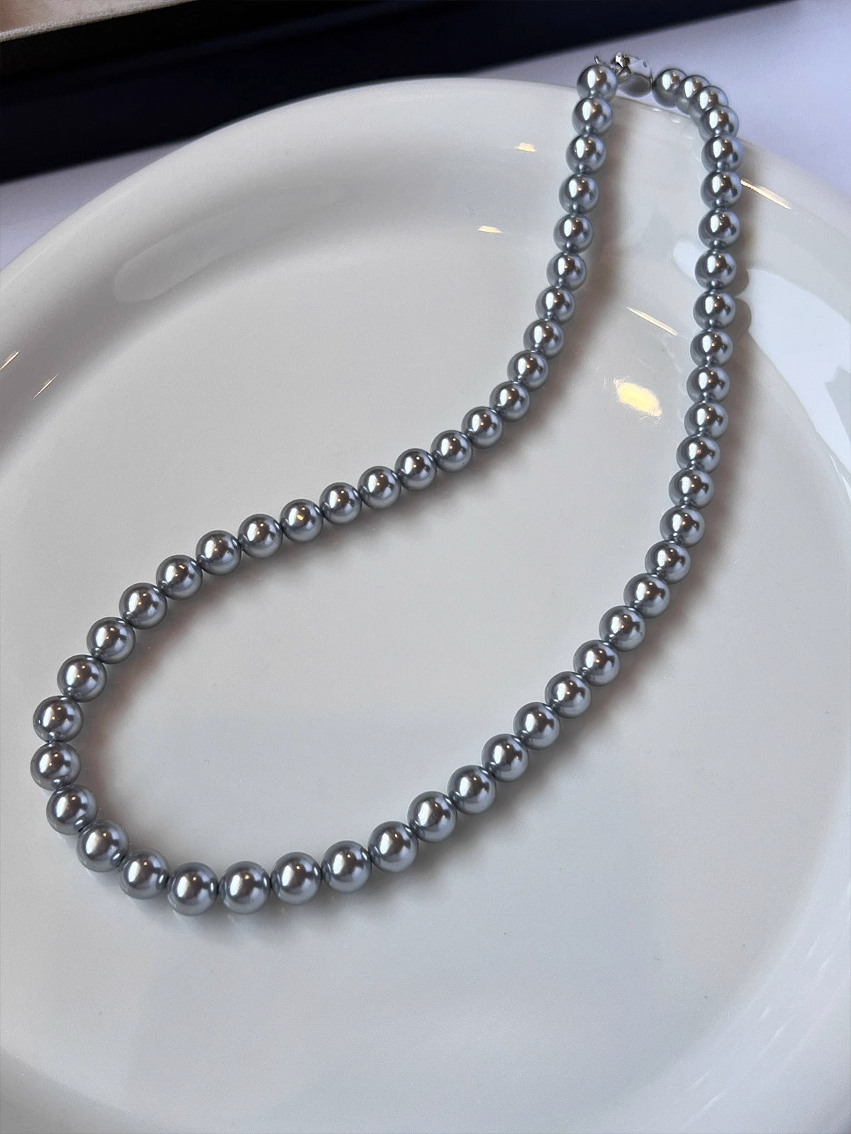 gray pearl necklace 925 silver neck chain autumn and winter sweater chain women's silver gray8mm- 12mm