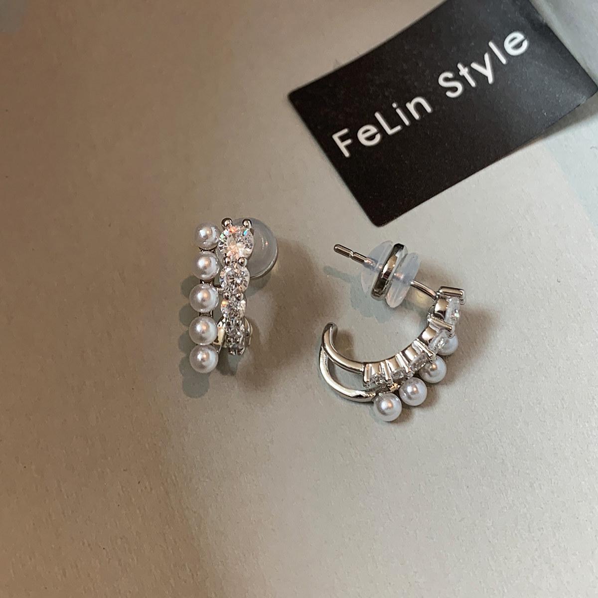 Double Layer Silver Rhinestone Pearl Earrings Set for Women Luxury Elegant Unique Fashion Stud Earrings Gift