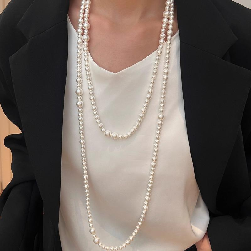 160cm Mother-of-Pearl Necklace – Long, Affordable Luxury Sweater Chain for Fall & Winter, Multi-Layered Stacking Design