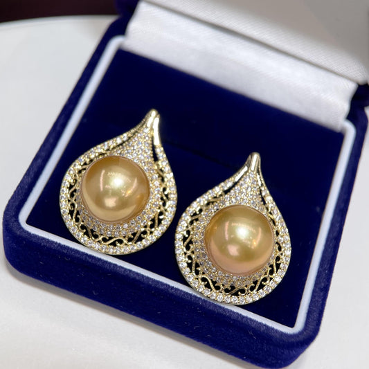 S925 Silver Needle Freshwater Gold Bead Earrings Luxury High-end Women, Edison French Retro Perfect Round Earrings