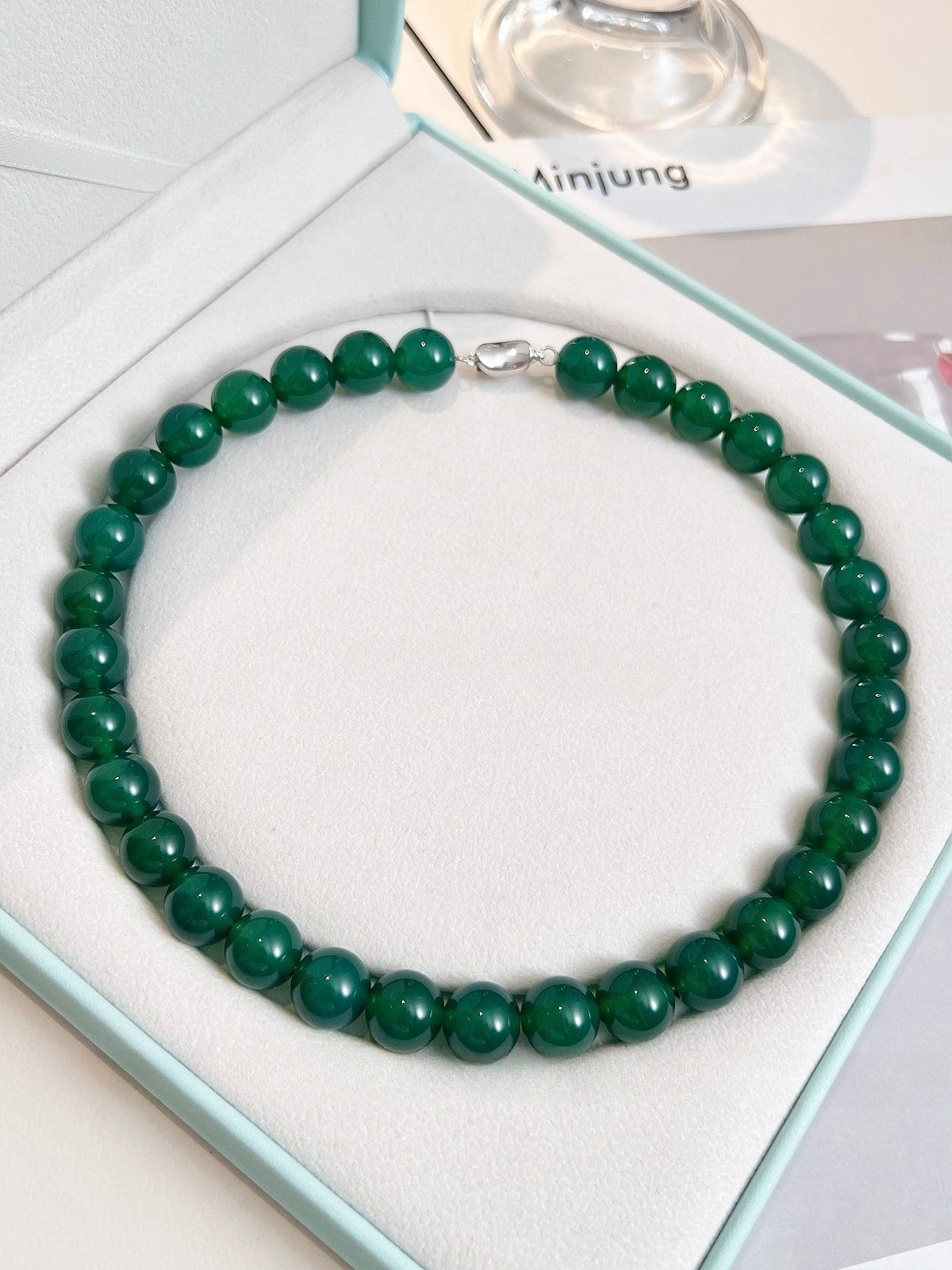Green Chalcedony Bead Necklace – Natural Green Gemstone Necklace with 925 Sterling Silver Clasp, Elegant Women’s Jewelry
