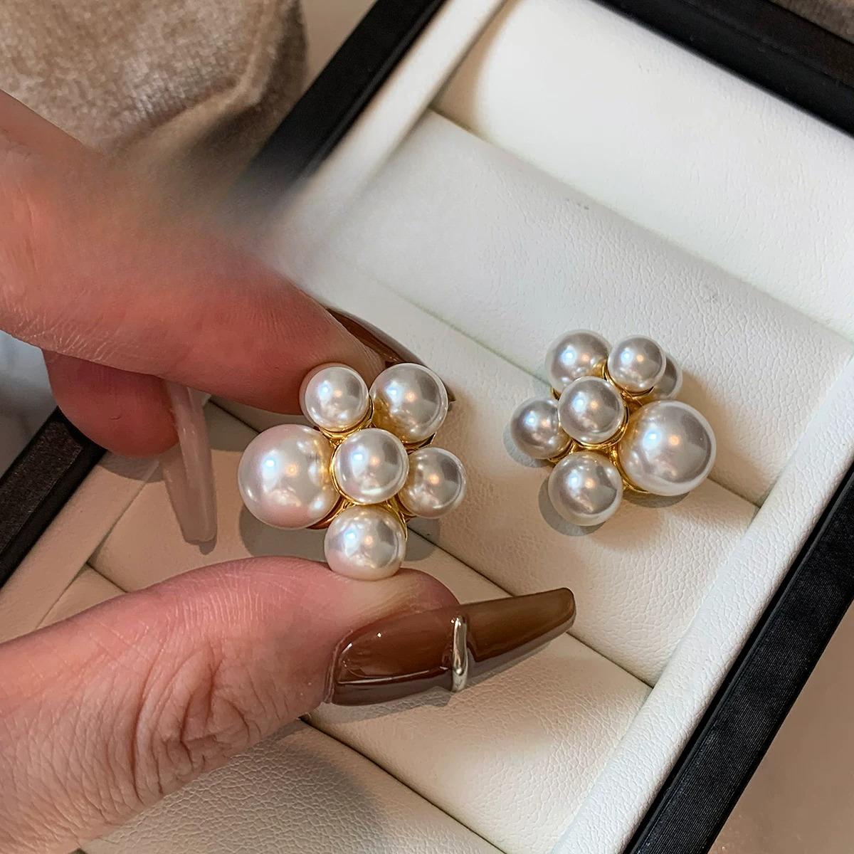 French Style Firework Gold Pearl Stud Earrings Women Luxury Unique Design Elegant Sparkle Ear Jewelry High End Fashion Accessories Trendy Gift