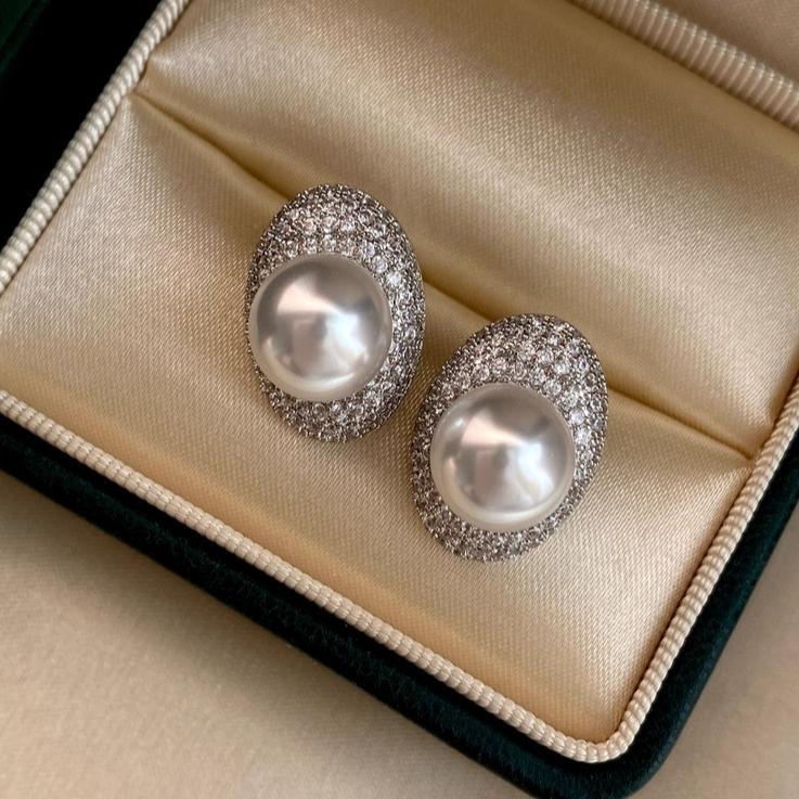 10mm diamond shellpearl earrings, pigeon egg stud earrings, women's white pearls  daily wear, gifts
