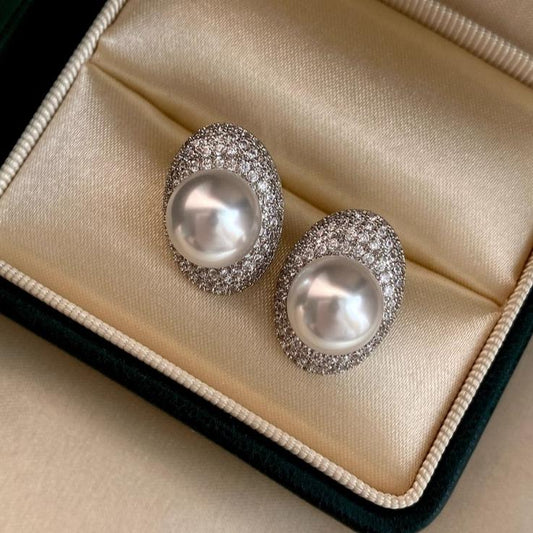10mm diamond shellpearl earrings, pigeon egg stud earrings, women's white pearls  daily wear, gifts