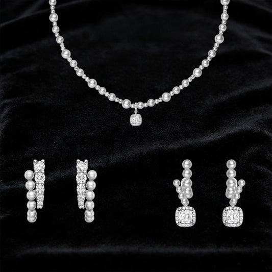Necklace Pearl Earrings Set 4mm + 6mm + 8mm Fashion Jewelry