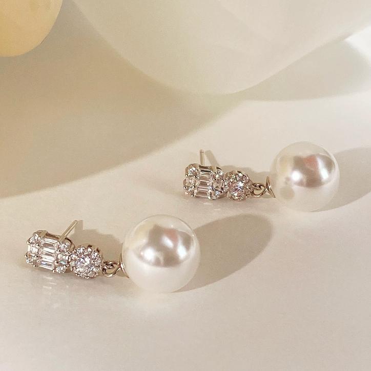 14mm French Style White Pearl Earrings Faux Pearl High End Niche Zircon Diana Stud Earrings for Women Trendy Jewelry