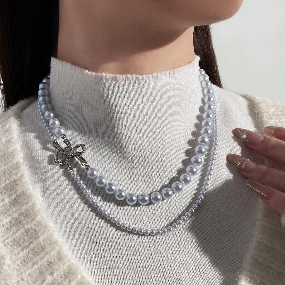 Rose Double Bow Pearl Necklace Mashed Taro Purple High-end Light Luxury Niche Color Sweater Necklace · [Bow Double Layer] 4 + 8mm Taro Purple Manta Rose