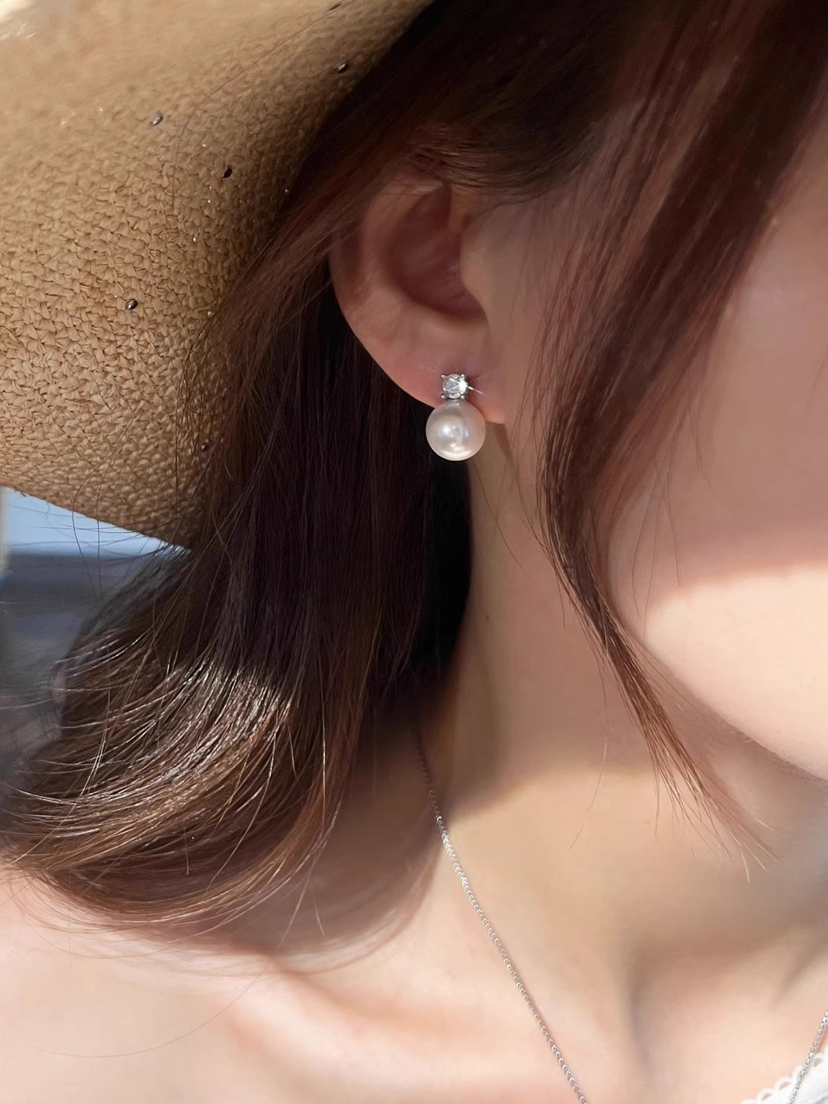 White Pearl Stud Earrings for Women | 2025 New Light Luxury Design | High-End Australian White with Diamonds | S925 Sterling Silver silver