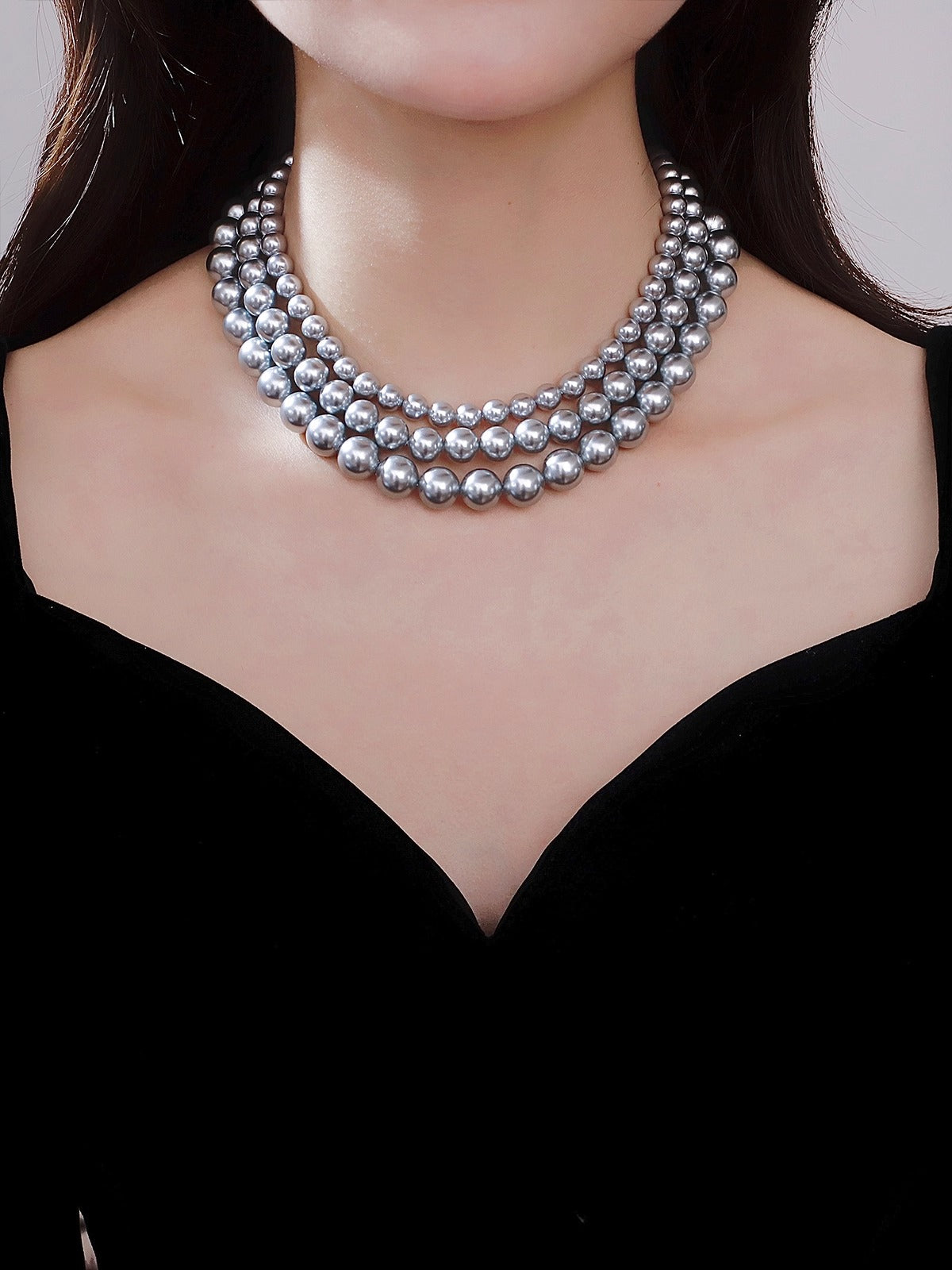 gray pearl necklace 925 silver neck chain autumn and winter sweater chain women's silver gray8mm- 12mm