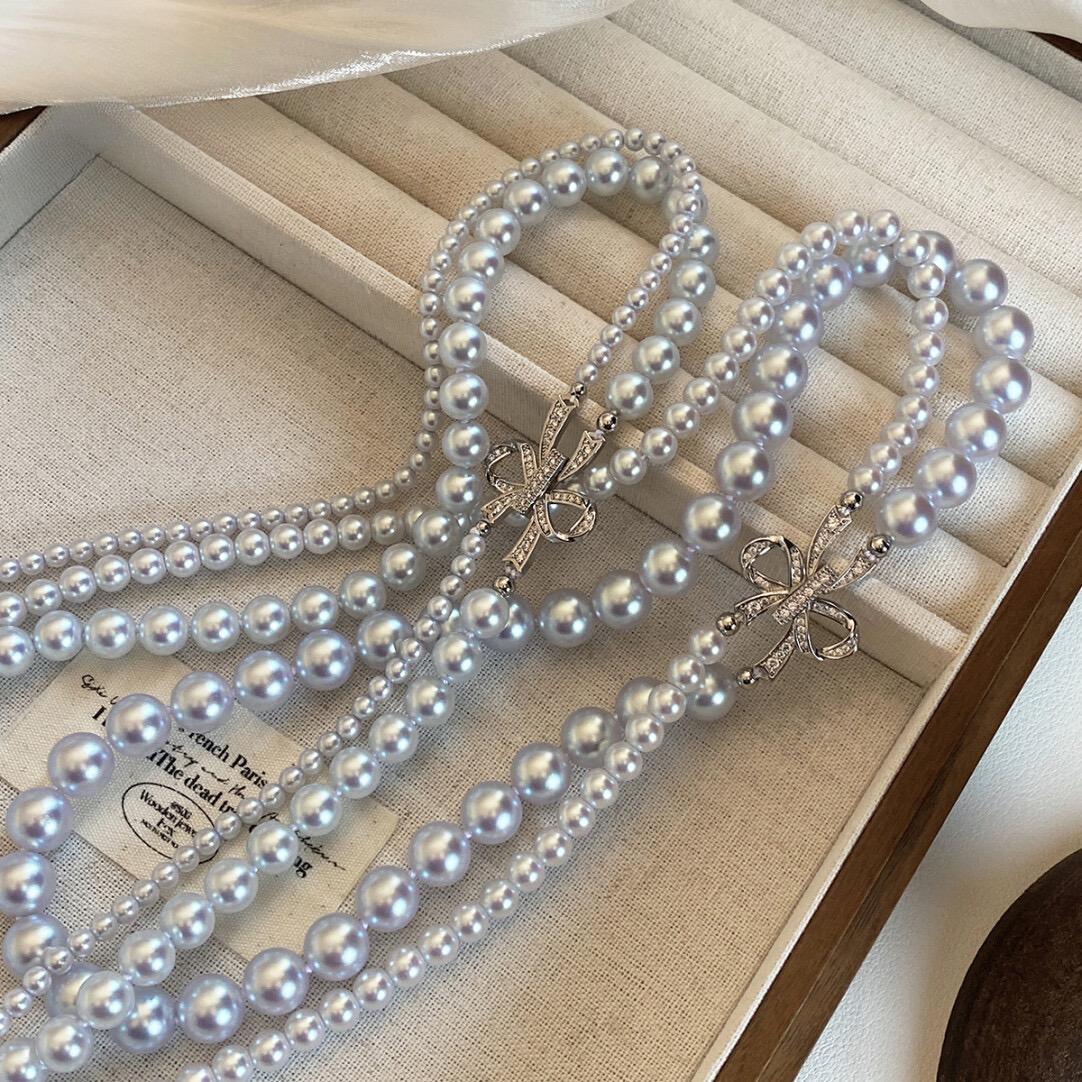Rose Double Bow Pearl Necklace Mashed Taro Purple High-end Light Luxury Niche Color Sweater Necklace · [Bow Double Layer] 4 + 8mm Taro Purple Manta Rose
