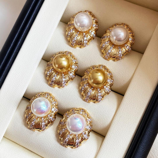Sun Tears French Retro Pearl Stud Earrings Women's Premium Sense Flash Diamond Earrings 8mm