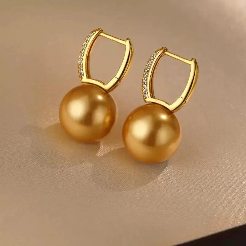 14mm Shell Pearl Drop Earrings for Women, Elegant White & Gold Pearl Dangle Earrings, Wedding Jewelry, Birthday Gift for Mom, Wi