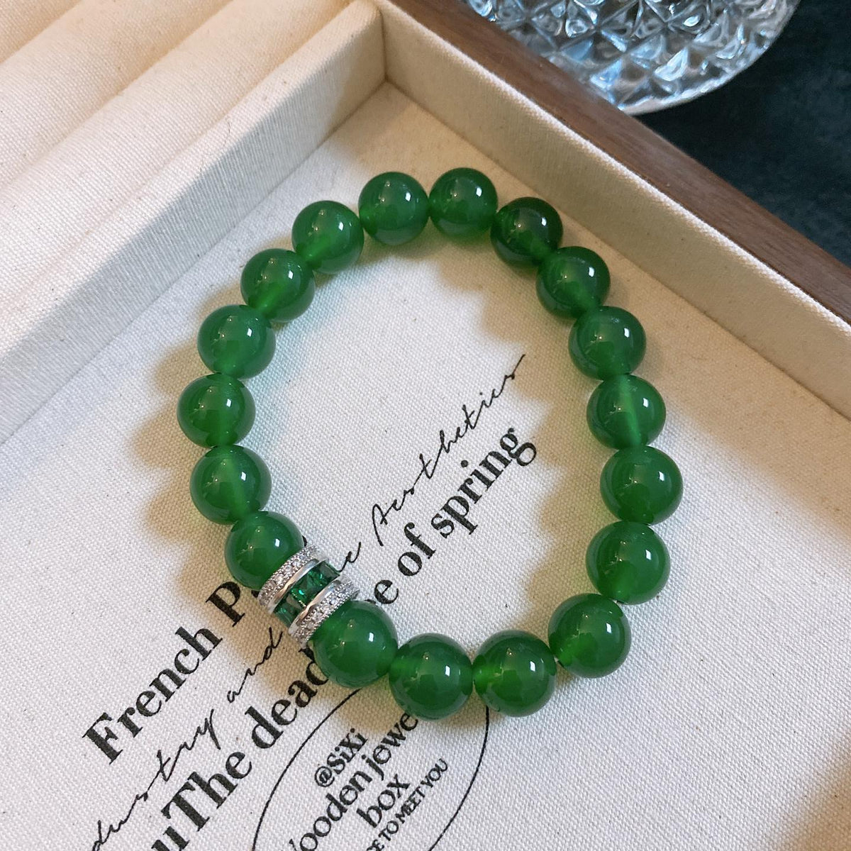 Vintage Green Jade Bracelet Emerald Rhinestone Elastic High End Daily Gift