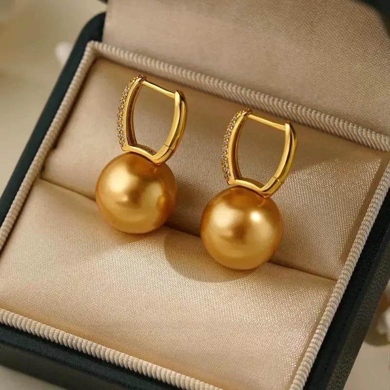14mm Shell Pearl Drop Earrings for Women, Elegant White & Gold Pearl Dangle Earrings, Wedding Jewelry, Birthday Gift for Mom, Wi