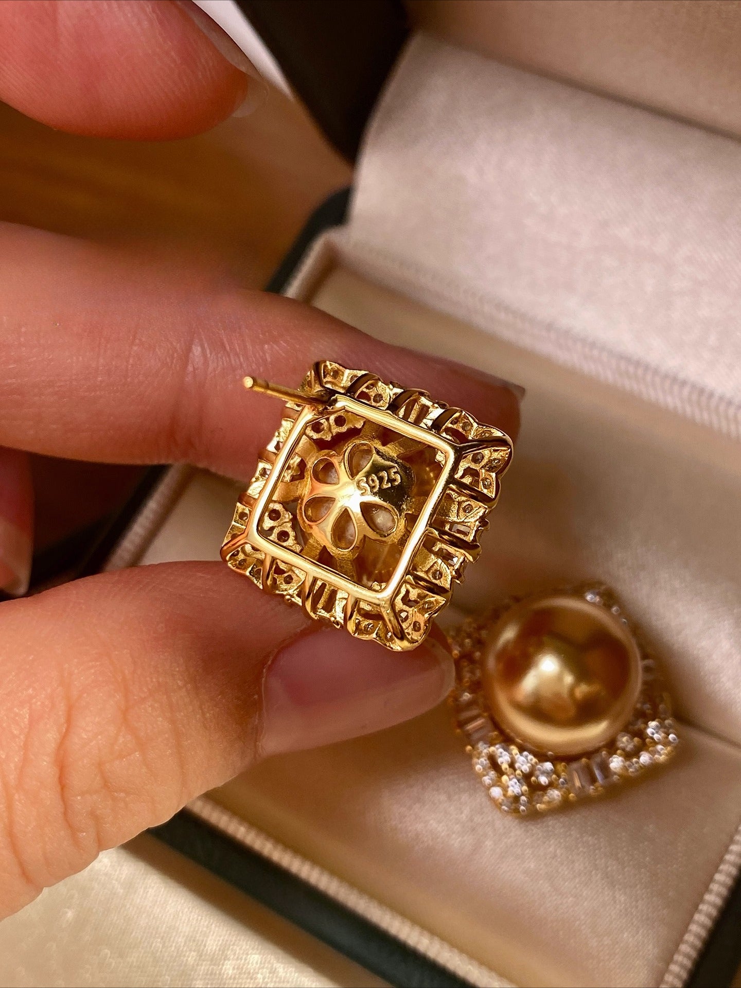 Gold & White Pearl Earrings | Geometric Rhombus Design with Miniature Zircon | S925 Silver | Niche Premium Stud Earrings