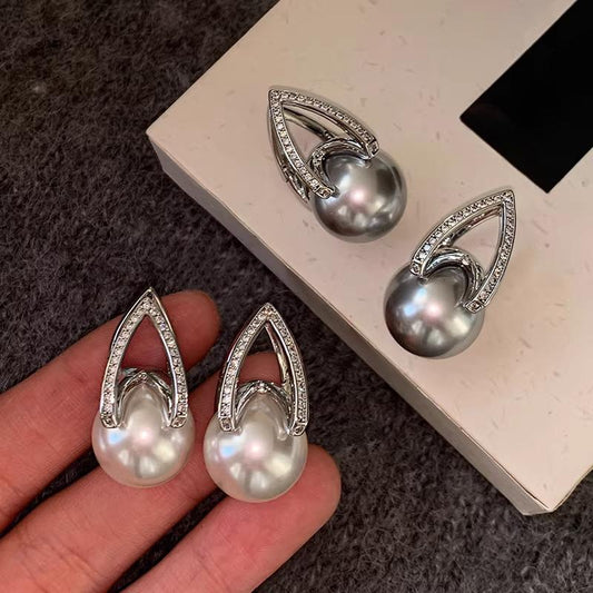 12mm 14mm White Pearl Earrings Pendant Ring Set with Zircon, suitable for commuting, birthday gift, beading, everyday wear