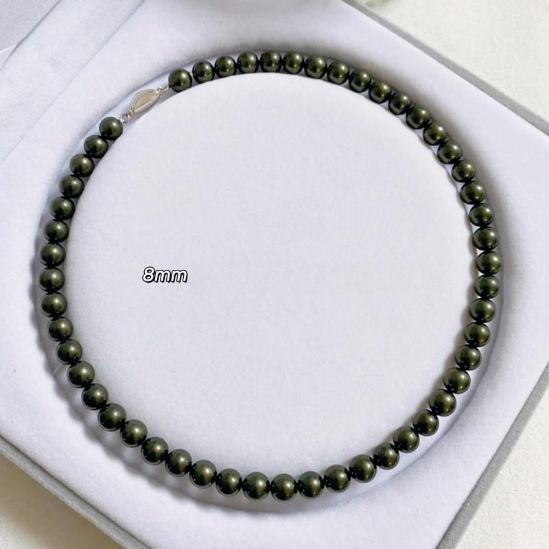 8mm ~ 14mm silver ingot buckle Tahiti black and green pearl necklace, women's strong light high-end, malachite green neck chain, birthday gift, free earrings.