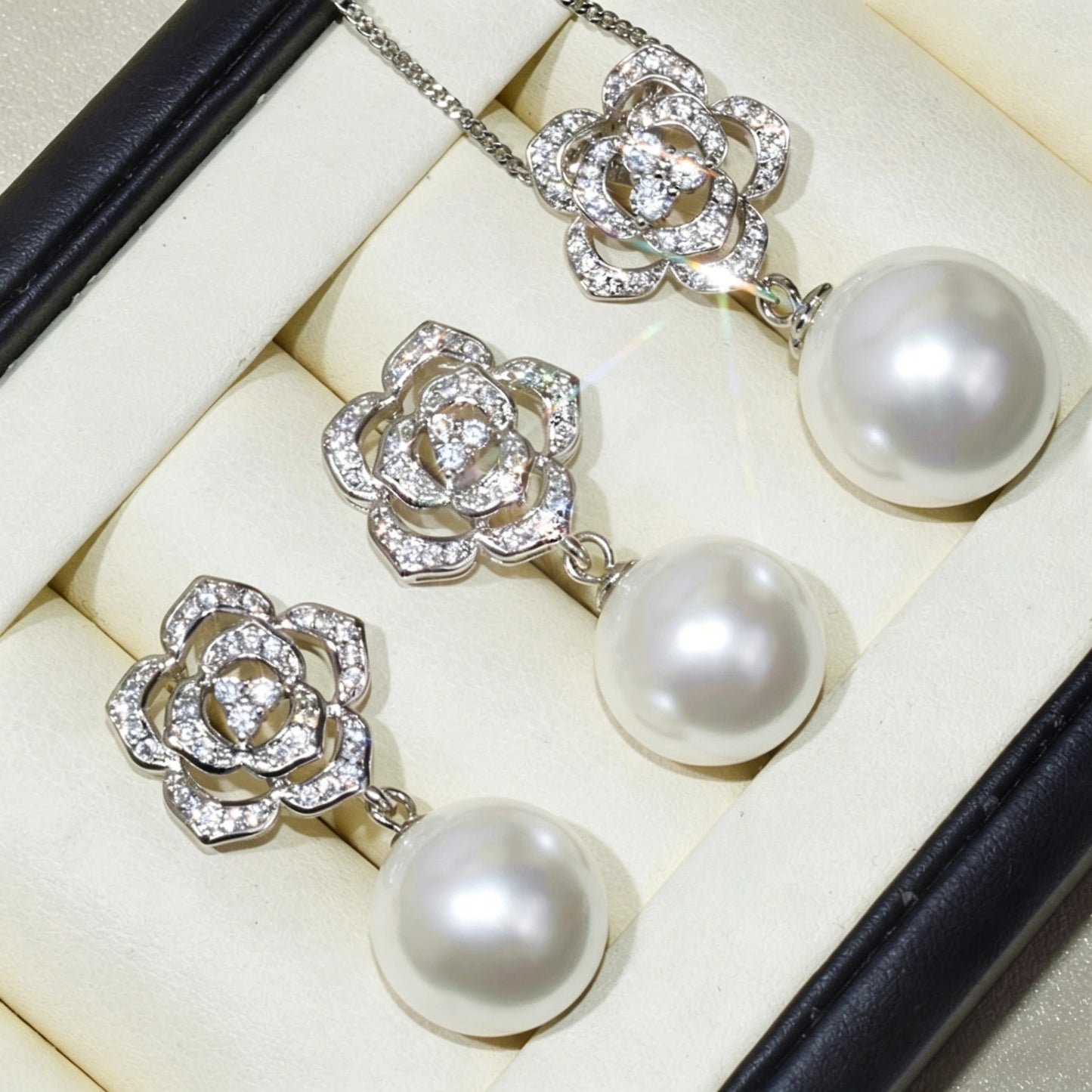 Luxury Camellia Pearl Jewelry Set – Sparkling CZ Flower Necklace & Earrings | Bridal & Daily Wear