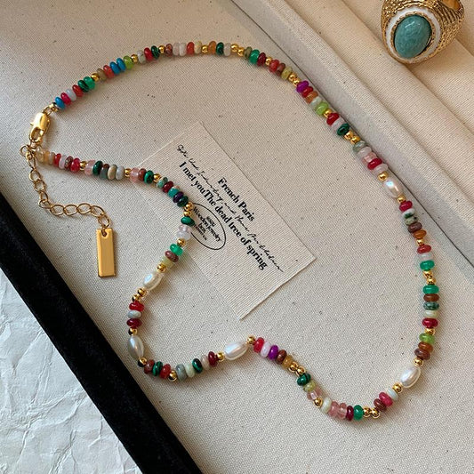 Natural pearl colored stone glazed dopamine rainbow beaded necklace women's accessories light luxury 2025 new neck chain