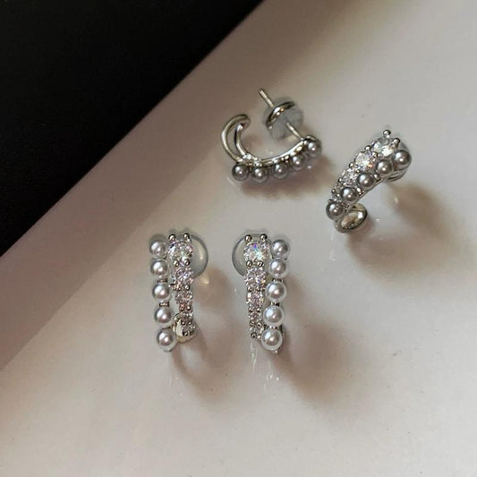Double Layer Silver Rhinestone Pearl Earrings Set for Women Luxury Elegant Unique Fashion Stud Earrings Gift