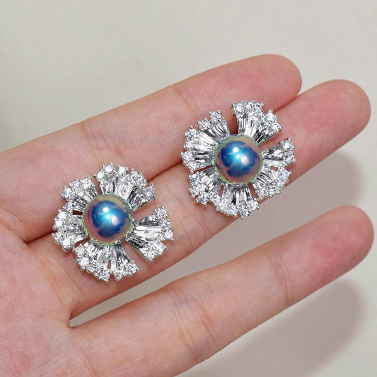 10Mm colorful real hemp earrings, flower pattern 925 silver needle irregular ruffle edge, silver large flower pearl stud earrings