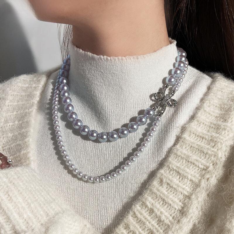 Rose Double Bow Pearl Necklace Mashed Taro Purple High-end Light Luxury Niche Color Sweater Necklace · [Bow Double Layer] 4 + 8mm Taro Purple Manta Rose