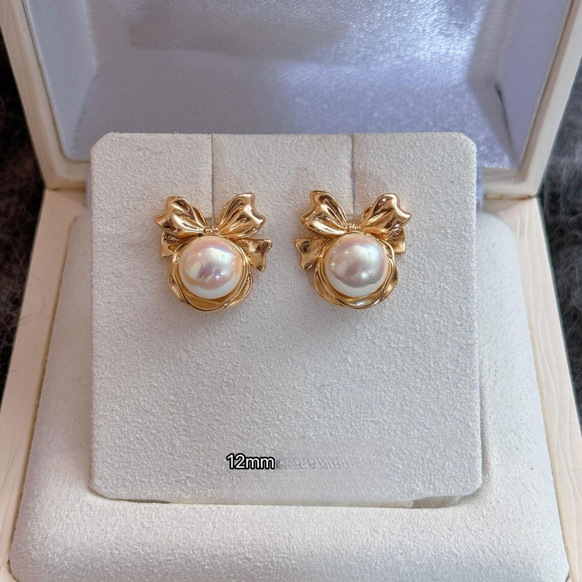 10mm Bow Tie Pearl Earrings Women White Pink Gold