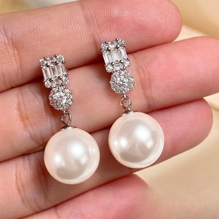 14mm French Style White Pearl Earrings Faux Pearl High End Niche Zircon Diana Stud Earrings for Women Trendy Jewelry