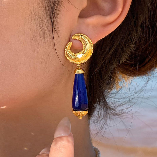 Exaggerated personality lapis lazuli crescent long face small earrings women's medieval retro unique holiday style earrings earrings