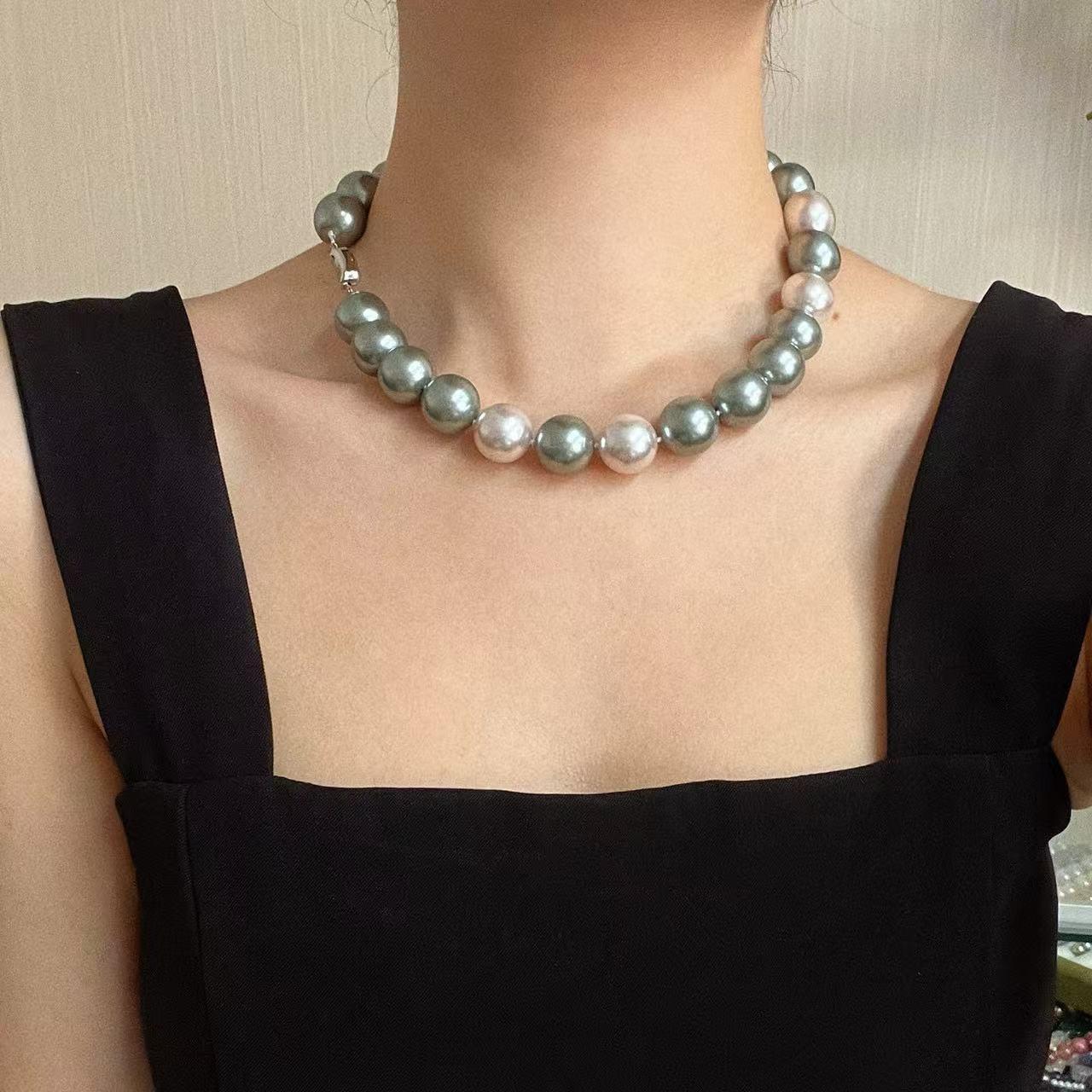 2025 new 16mm  pearl  chain,  white  green necklace sweet, suitable for parties, birthday gifts, mother's day gifts