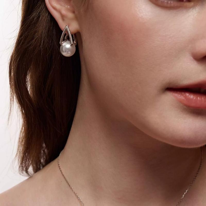 14mm White Pearl Earrings Set Gift Bead Pearl Micro Diamond Studs Elegant Women Jewelry Trendy Accessories Luxury Design High Quality Fashion Ear Cuff