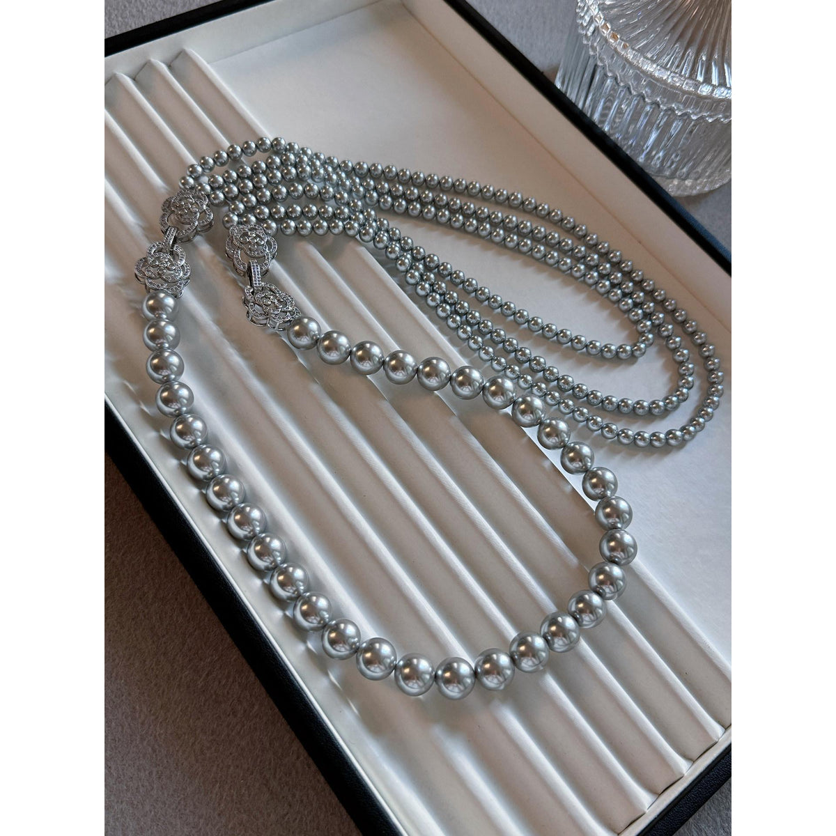 Grey Double Pearl Necklace Sweater Chain Layer Women's Long Gold, Suitable for Winter Dual Use, Can Be Short Gold Or Long Gold