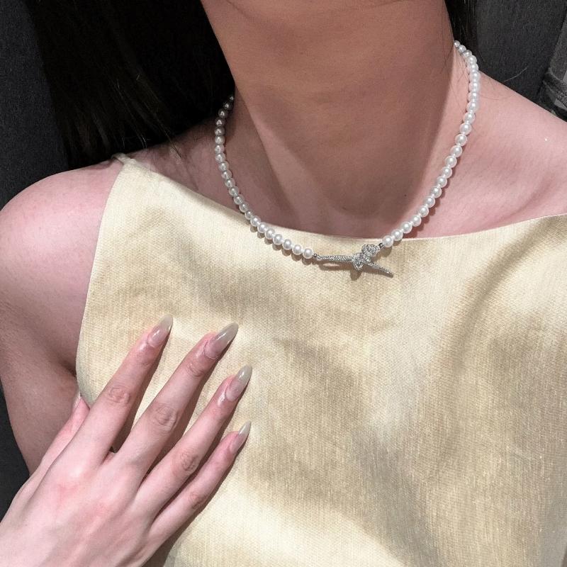 White & Gray Baby Pearl Necklace with Bow – 4mm 6mm 8mm Pearl Chain, Elegant Gift for Girls, Girlfriend & Wedding