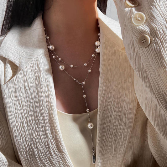 Star with the same style Gypsy pearl necklace, women's light luxury feeling, design sense, fashion, stacking and wearing multi-wearing sweater chain · [Zhang Xinyu of the same style] Short Shi Jia milk white Gypsy 40 + 5cm