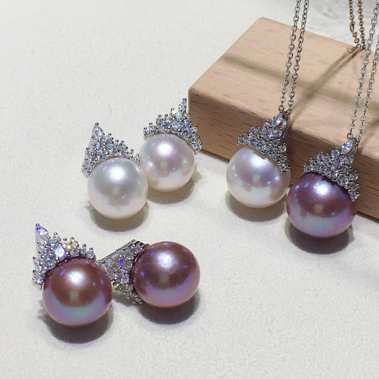 14mmTianran freshwater pearl s925 silver ice and snow queen, pendant stud earrings set
