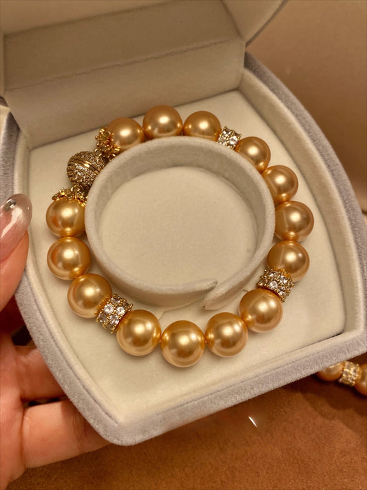 12mm golden pearl set Luxury Style Version  Strong-Luster Gold Pearl Bracelet – Tea-Gold  with Zircon, Premium Light Luxury Jewelry