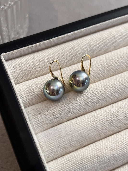 Tahitian Malachite Green Pearl Ear Hook Stud Earrings | 2025 Trendy Hemp Gray Design | High-End Women's Jewelry