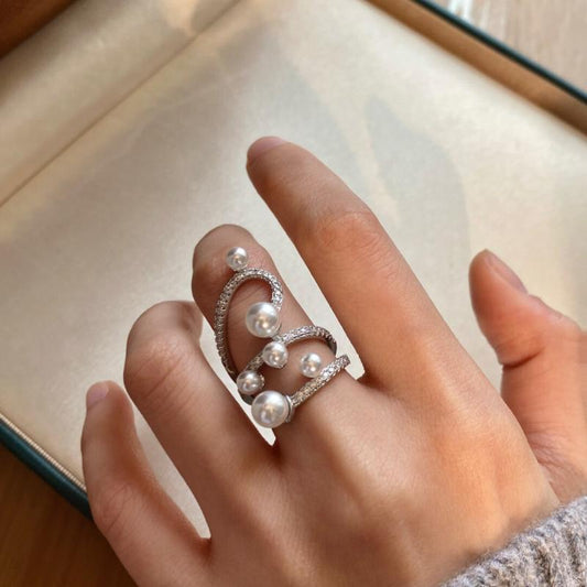 Vintage multi-layer winding Aurora Australian white small pearl ring inlaid with diamond open ring light luxury cold wind index finger ring · [6 + 4mm] pearl ring