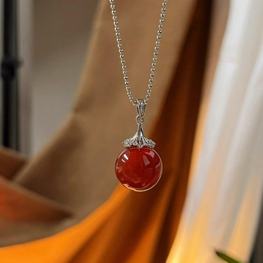 Large Red Chalcedony Pendant Necklace – Natural Carnelian Gemstone, Free Chain, Elegant Collarbone Necklace, Mother’s Day Gift for Her