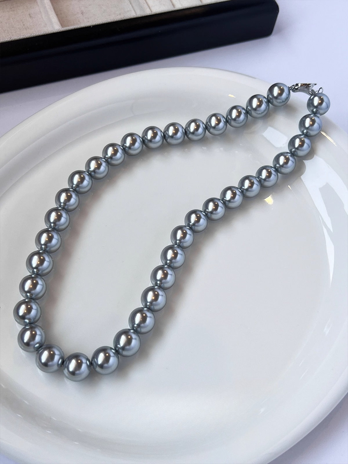 gray pearl necklace 925 silver neck chain autumn and winter sweater chain women's silver gray8mm- 12mm