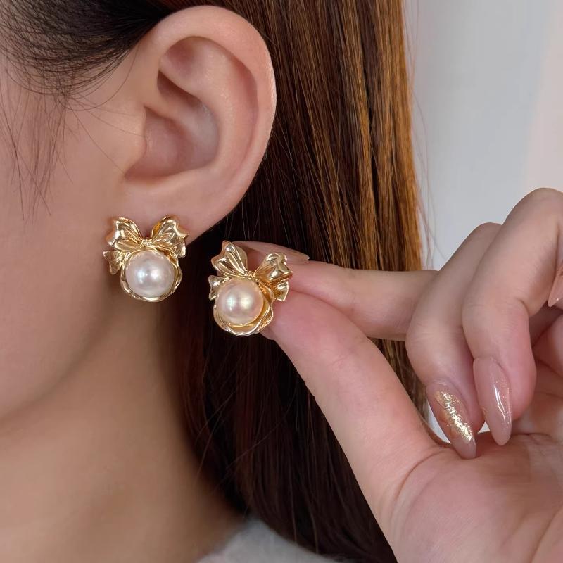 10mm Bow Tie Pearl Earrings Women White Pink Gold