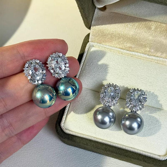 Classic Princess Diana Malachite Green 12mm Pearl Stud Earrings, Super Sparkling Zircon Earrings, High-end Earrings for Women, Gifts, Blue, White.